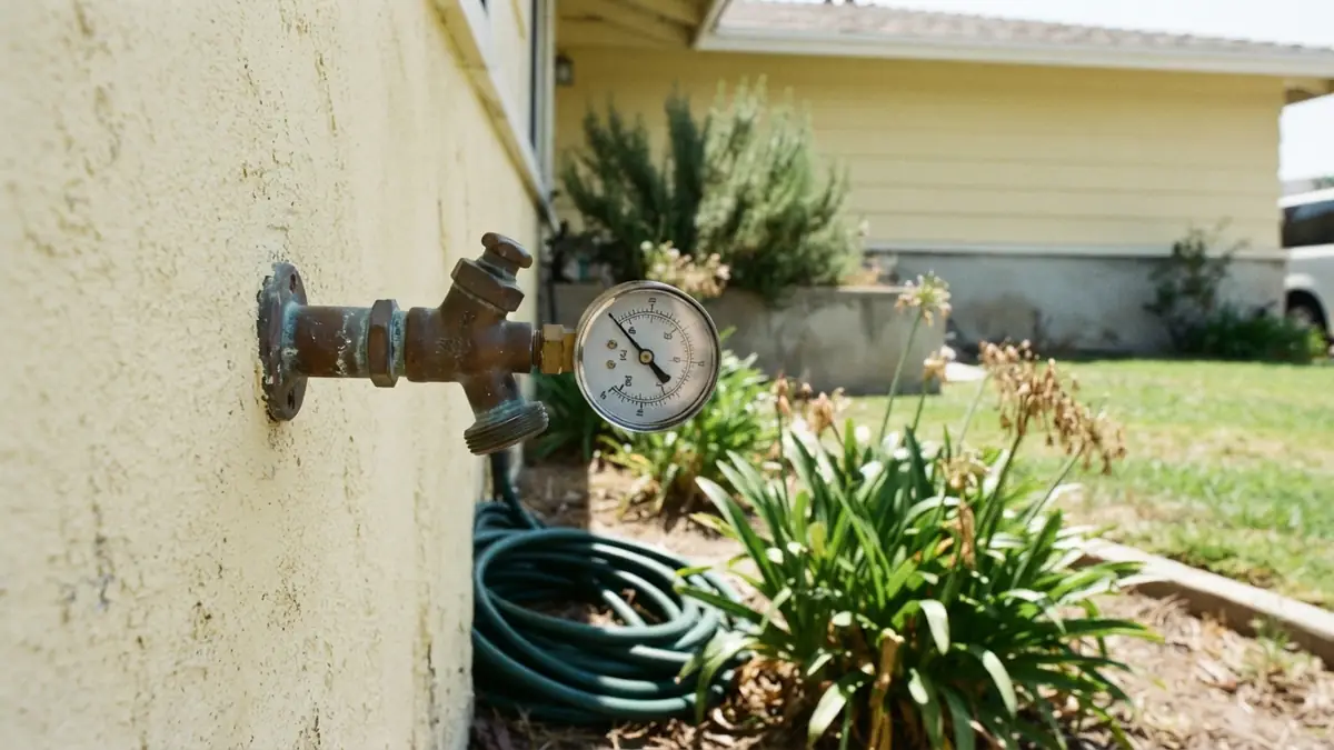A pressure gauge on a copper outdoor hose bib of a pale yellow stucco wall with a coiled green hose below - Leak Detection in Buena Park