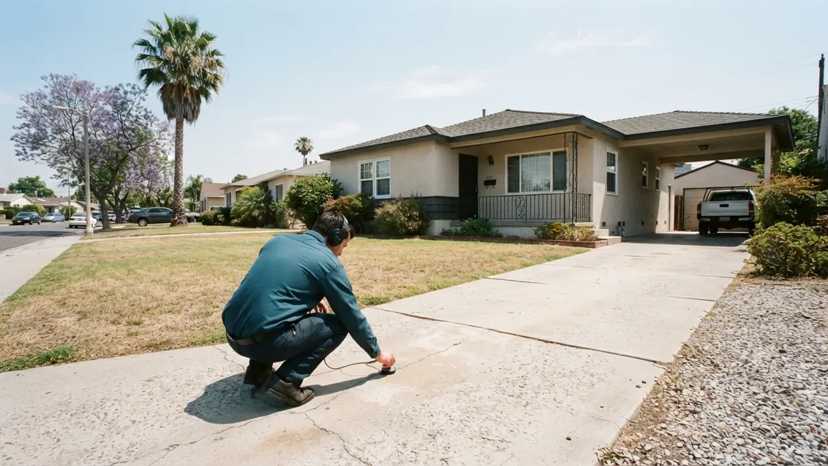Technician pressing a ground microphone to the concrete driveway of a single-story stucco ranch house with a palm tree - Leak Detection in Buena Park