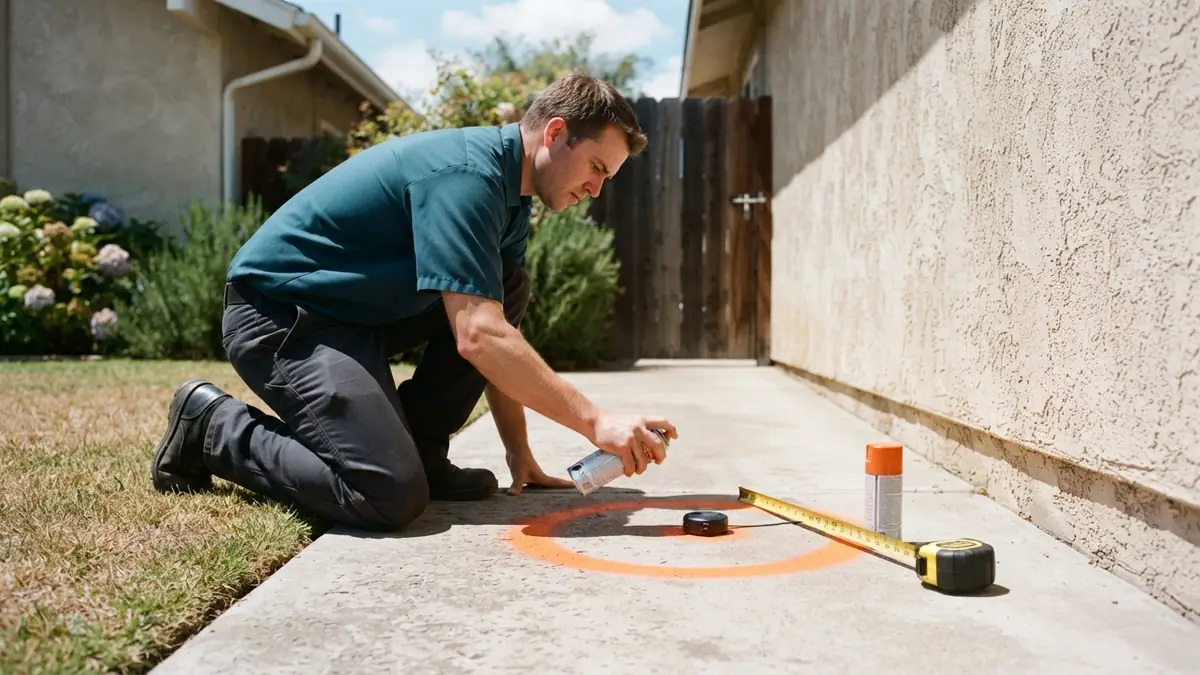 Technician marking the located leak with orange paint on a concrete walkway beside a stucco house - Leak Detection in Buena Park