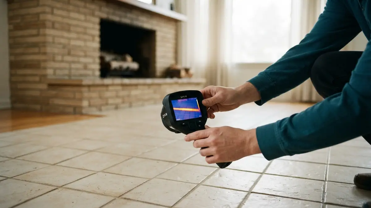 Thermal imaging camera showing a warm line beneath a tile floor in a mid-century living room - Leak Detection in Buena Park